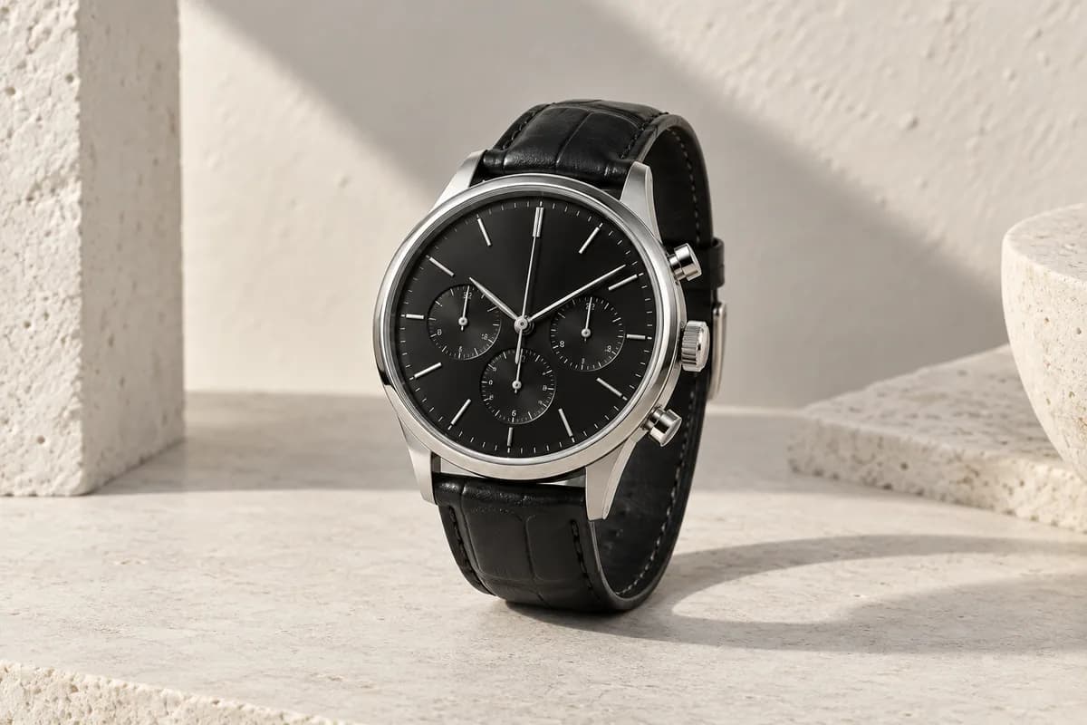 Precision wristwatch with a dark dial and leather strap